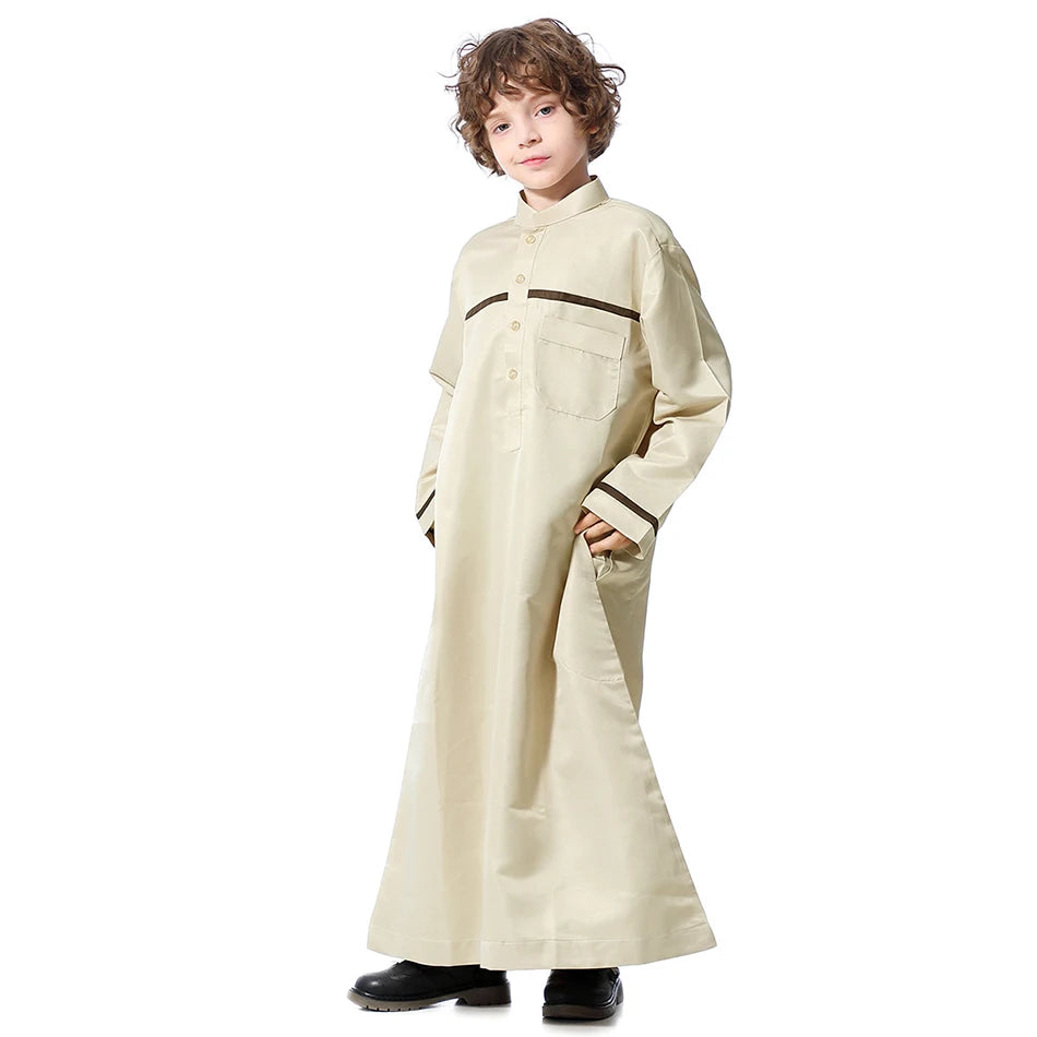Ramadan Eid Islamic Boys Long Robe Children Traditional Arab Thobe Thawb Caftan Solid Color Long Sleeve Stand Collar with Pocket