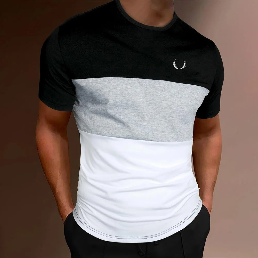 2025 Fashion Men's Color Blocking Printed T-Shirt Casual Street Male Crew Neck Short Sleeve T Shirt Large Size Menswear Clothing