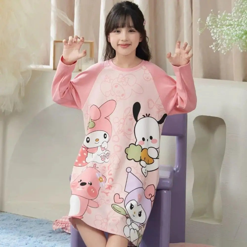 Sanrio My Melody Girls Pajama Kuromi Spring Autumn Long Sleeve Pure Cotton Children's Nightgown Cute Sleepwear Robe Loungewear