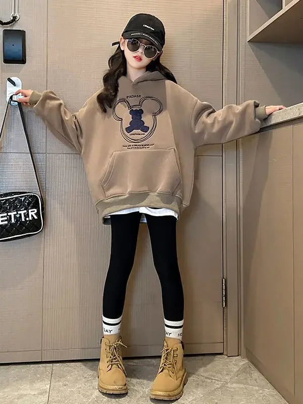 2026 girls clothes spring winter sweatshirt bear t-shirt hooded + stretch pants leggings teens children set 8 9 10 11 12 year