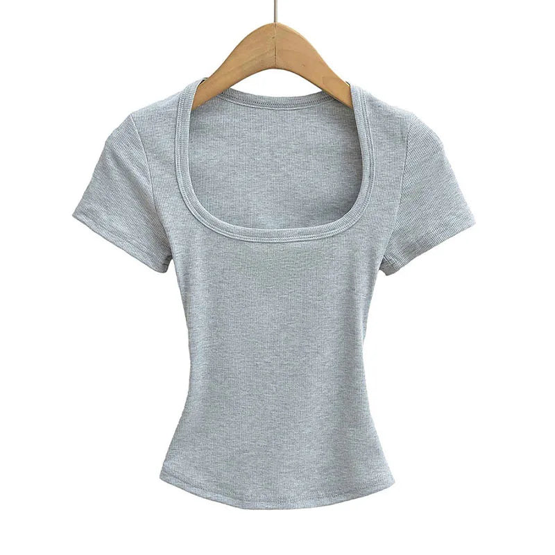 Square Collar High Stretch Summer Crop Tops Women Short Sleeve Tops Sexy Pullover Bottoming Blouses Slim T-shirt