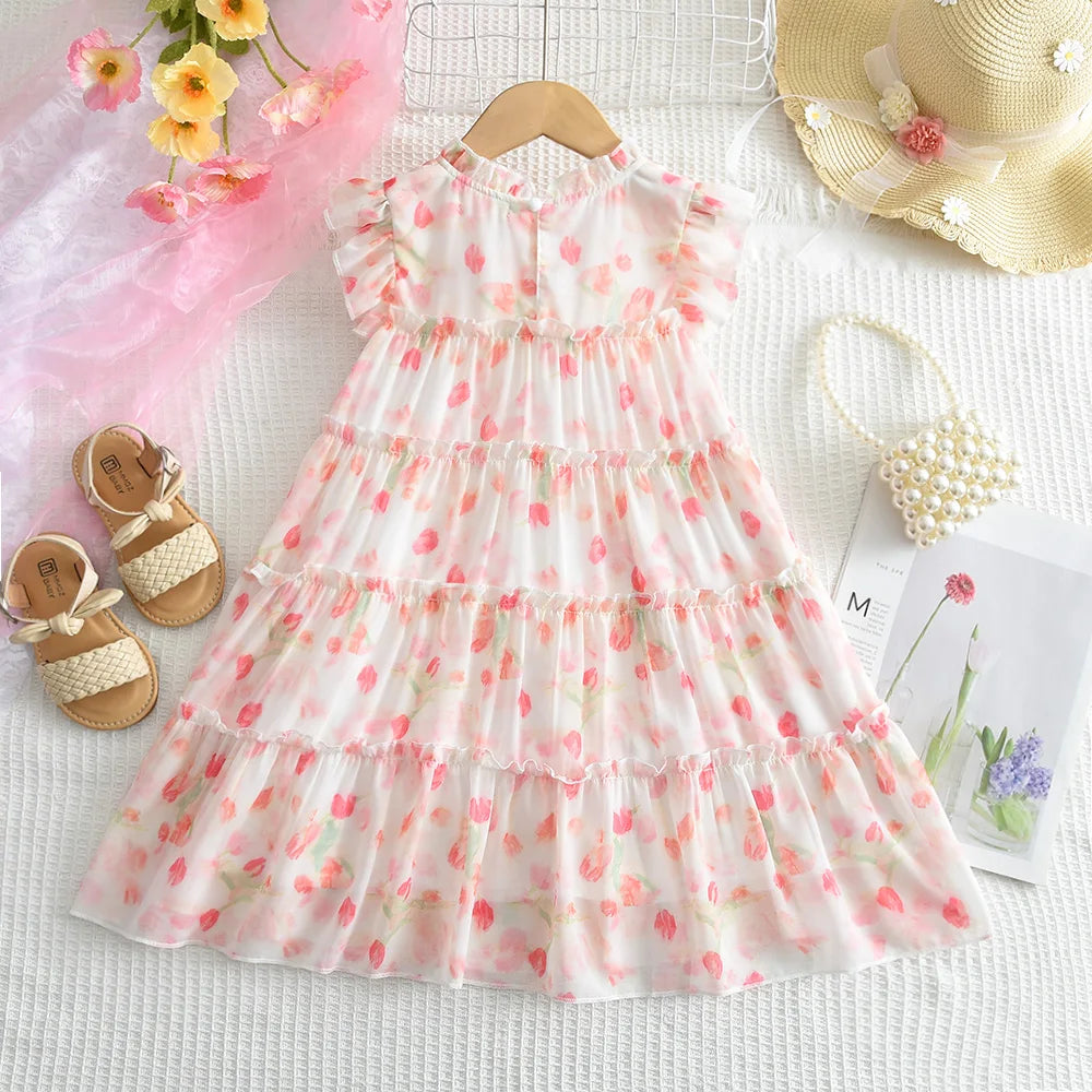 Pink Dreamy Sweet Girl Fairy Princess Dress Sleeveless Bow Decoration Mesh Lace Children's Casual Clothes Birthday Party Summer