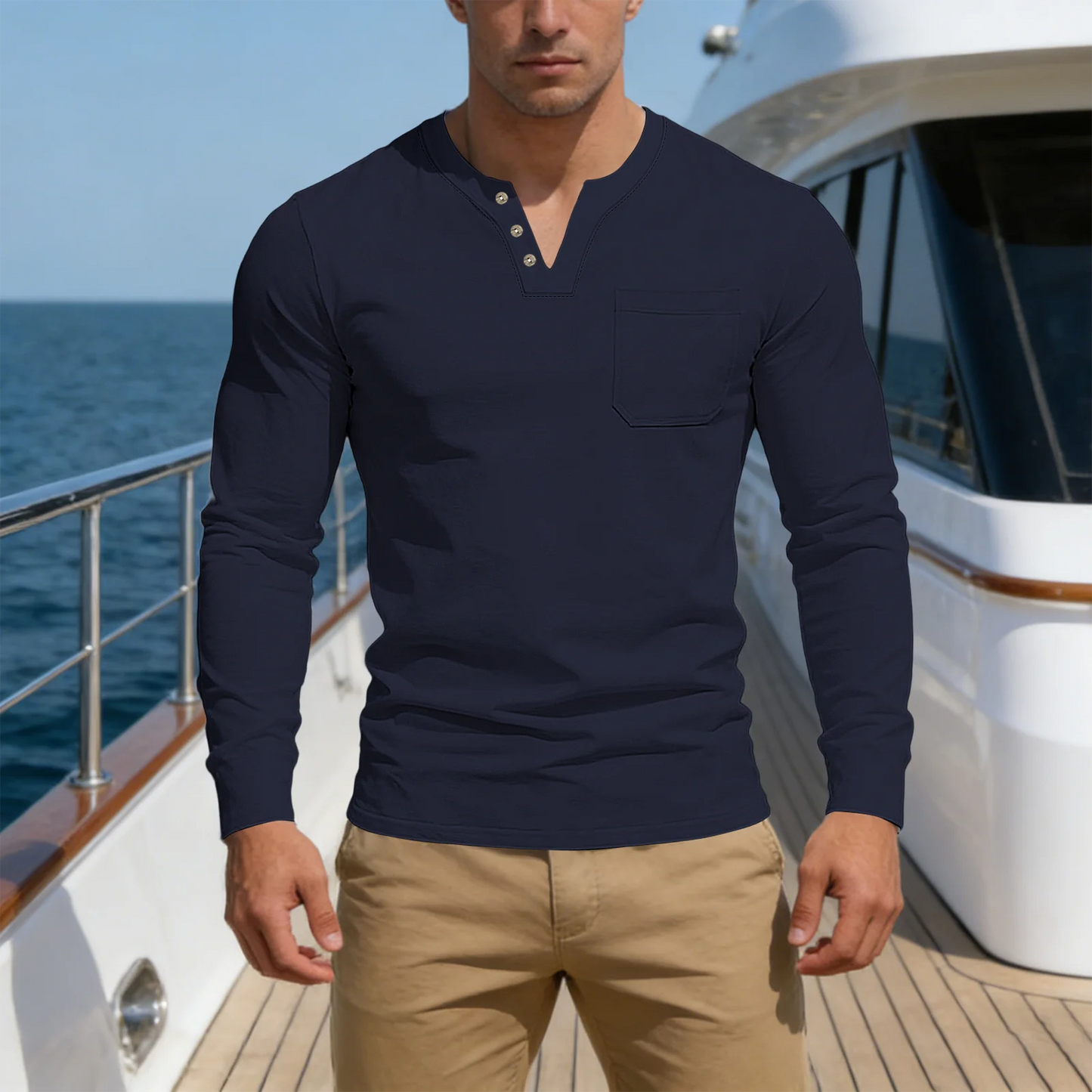 New Spring/Summer Men's Casual V-neck Long sleeved Top with Button Pocket T-shirt Outdoor Versatile Trendy Fashion Men's Top
