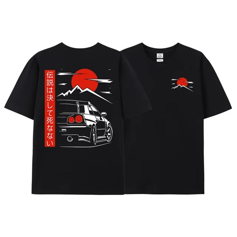 Japanese Style Car JDM Culture GTR R34 Racing T Shirts Men Back Print Street Wear Original Design Oversized Tops Tee