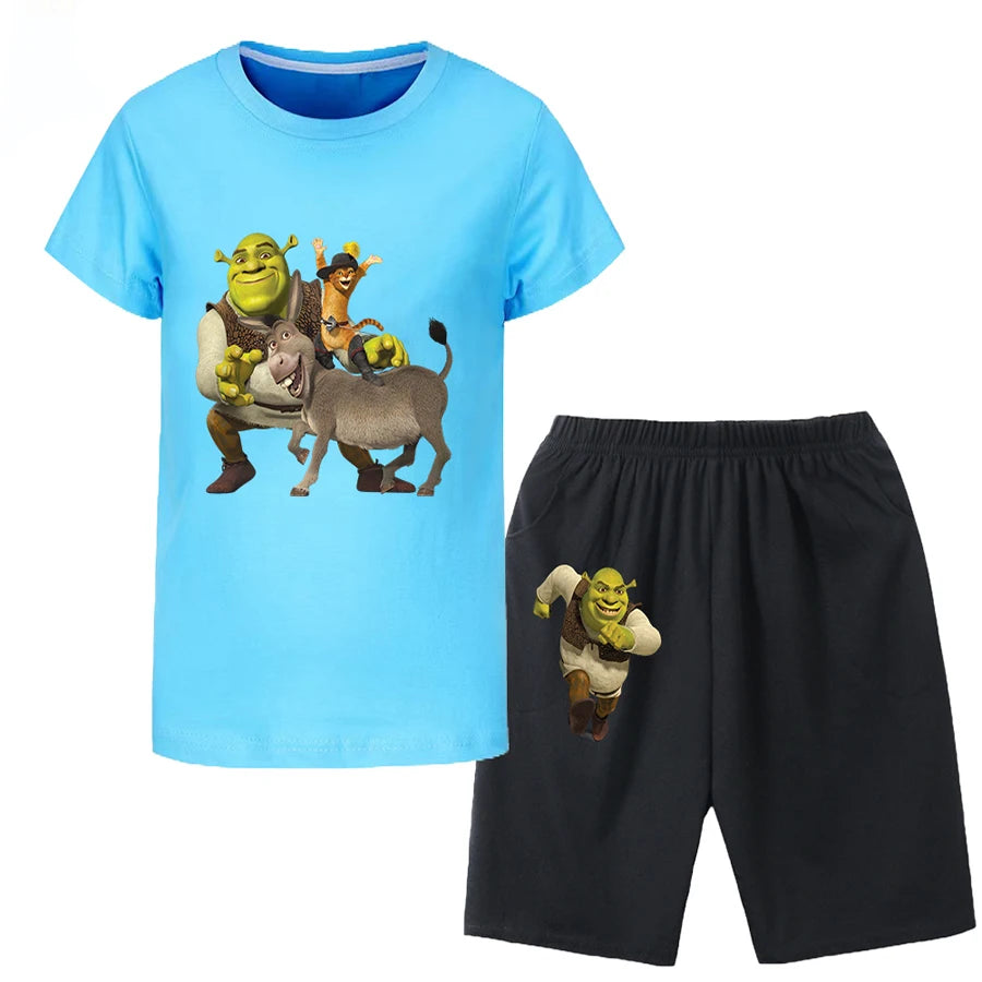 Shrek Child Tracksuit Blouse Short Sleeve Family Matching Clothes Sets for Baby Set for Children From 6 To 12 Years Old Summer