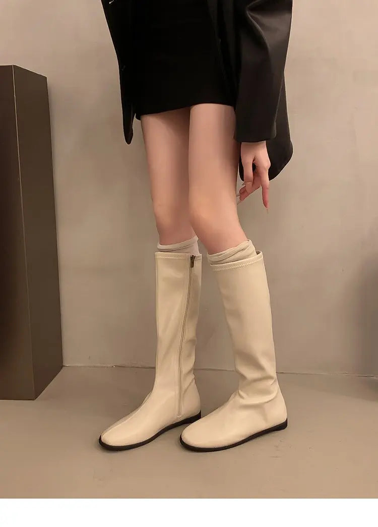 Comemore Long Boots Women's Shoes 2025 New Autumn and Winter Solid Color Botas Flat Bottom Round Head Knee High Boots for Women