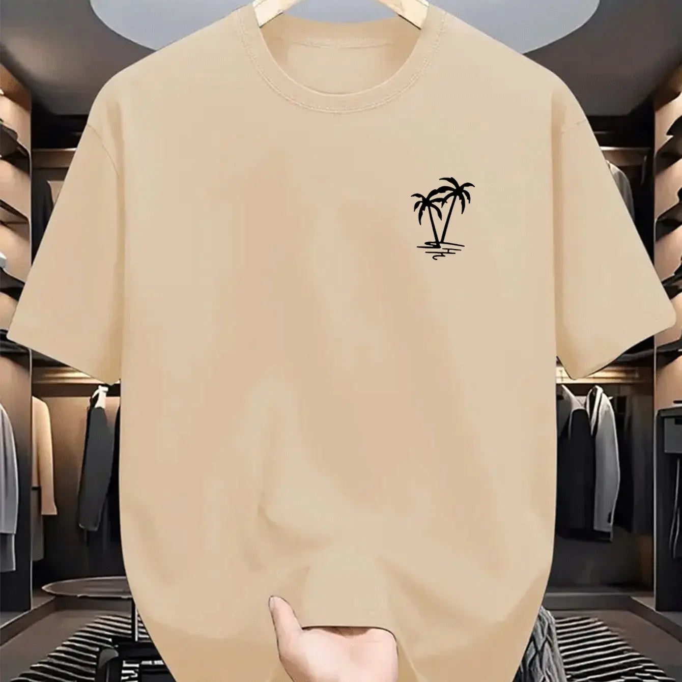 Men's summer  cotton fashionable casual loose coconut tree pattern printed sports round neck short sleeved T-shirt top