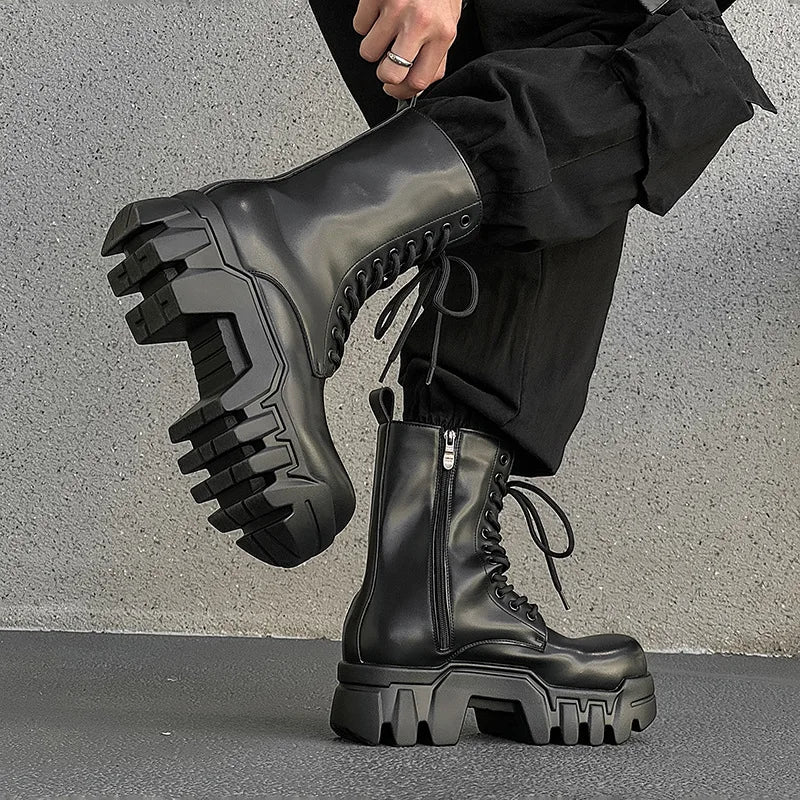 men fashion punk gothic platform boots designer original leather shoes cowboy high boot black stylish long motorcycle botas mans