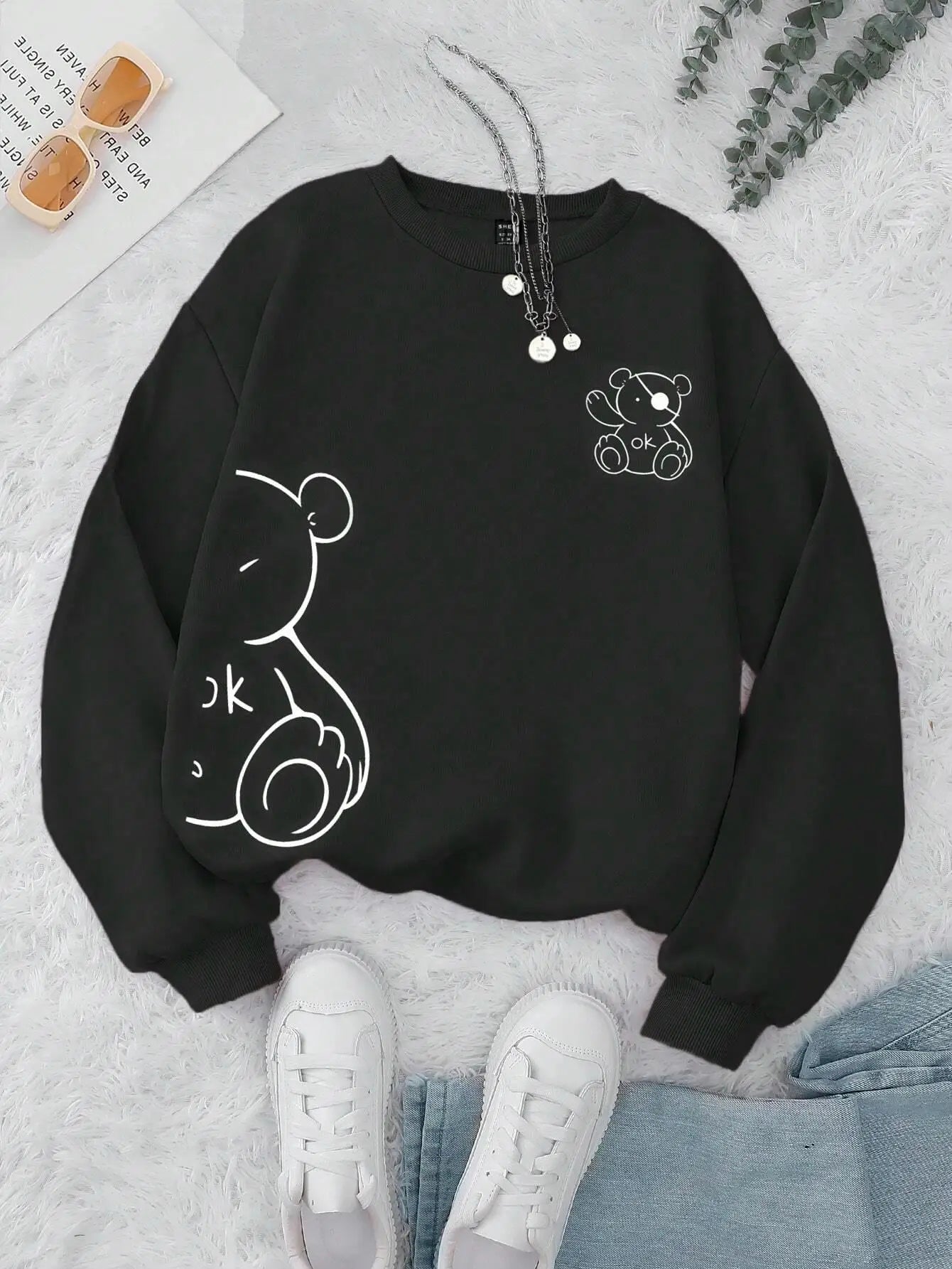 Autumn Winter Womans Sweatshirt Kawaii Ok Bear Graphic Printed Hoodies Comfortable O-Neck Fleece Soft Pullover Trend Sportswear