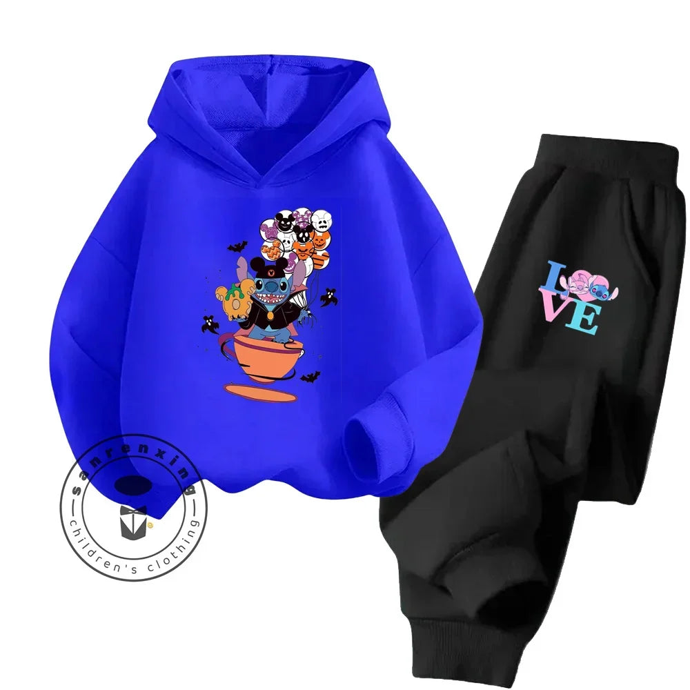 Cartoon Stitch Children Hooded Sweatshirt+Pants Two-piece Set Boy Girl Autumn Winter Daily Outdoor Vacation Warm Soft Sportswear