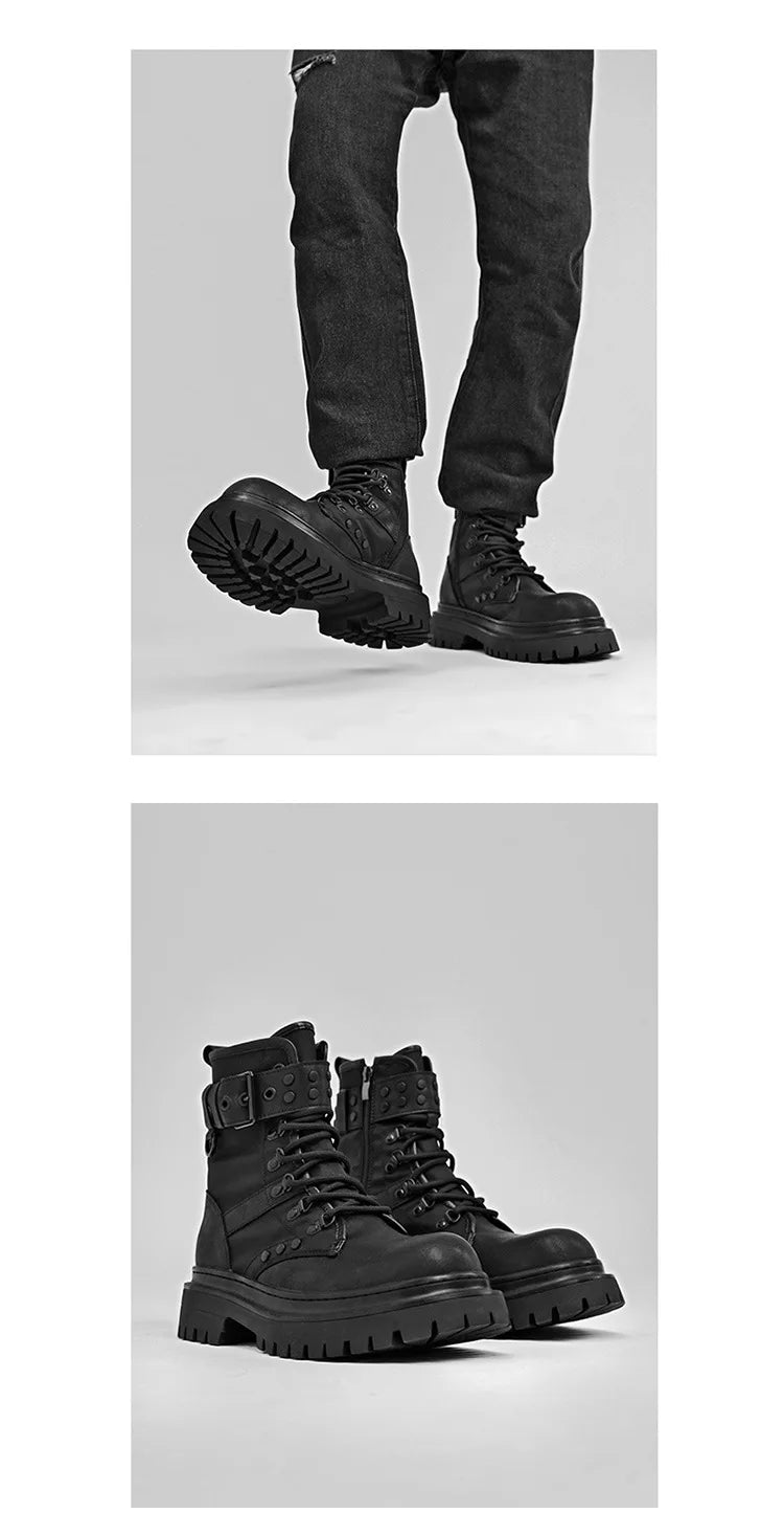 Men's High-Top Boots Retro British Style Black Tooling  Boots Fad Belt Buckle Designer Motorcycle Boot Man Casual Platform Boots