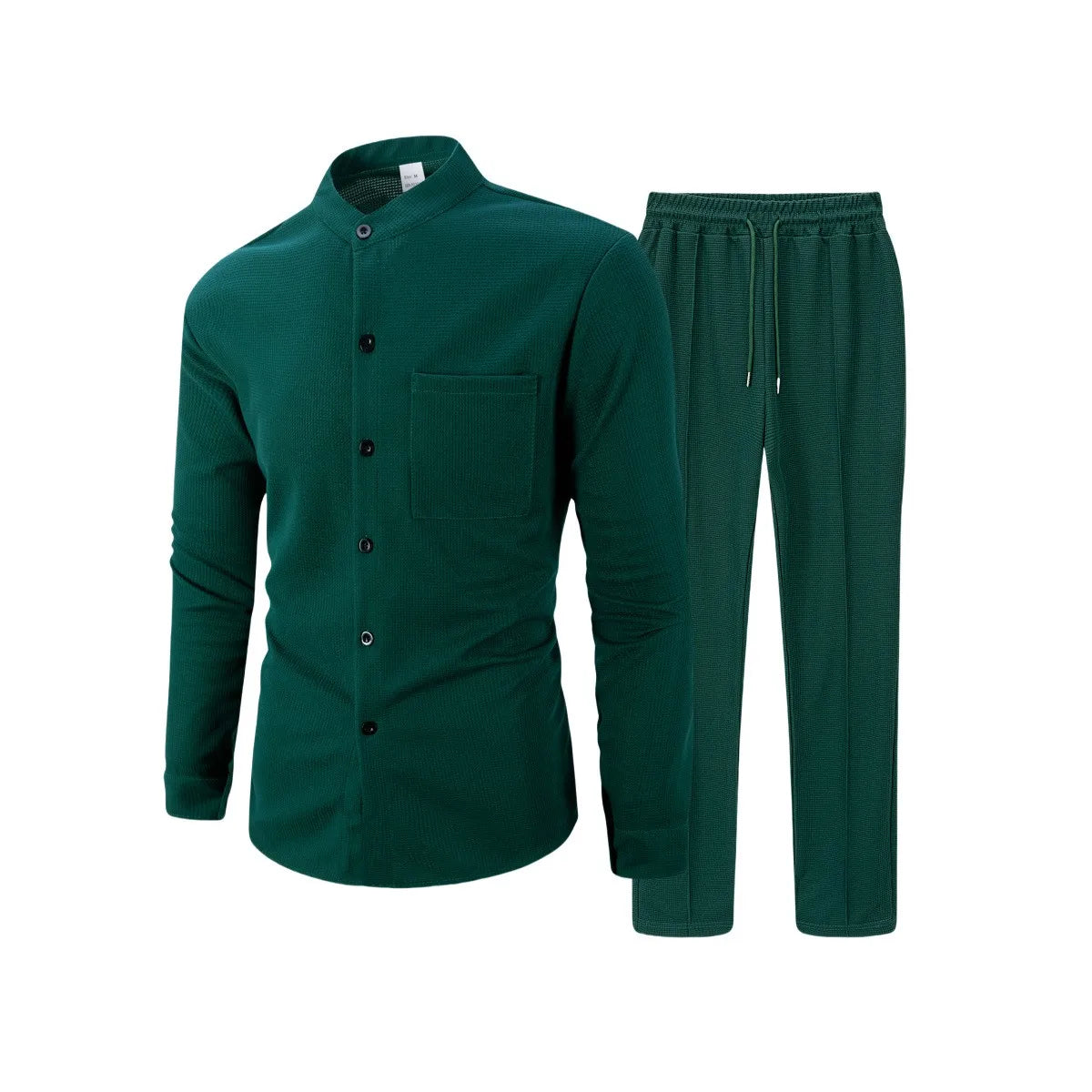 New autumn men's suit, waffle plain-colored long-sleevedshirt with pocket cardigan, stylish men's casual clothing long pants set