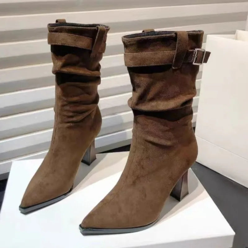 High Heeled Single Boots Women's Fashion Pointed Toe Suede Metal Buckle Anti-slip Wear-resistant Mid-leg Boots