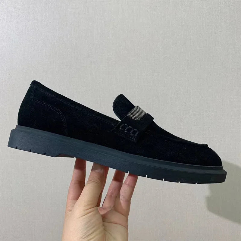 Classics Flat Shoes Women Luxury Cow Suede Chain String Bead Round Toe Slip-on Walk Shoes Female Casual Comfort Loafers Woman