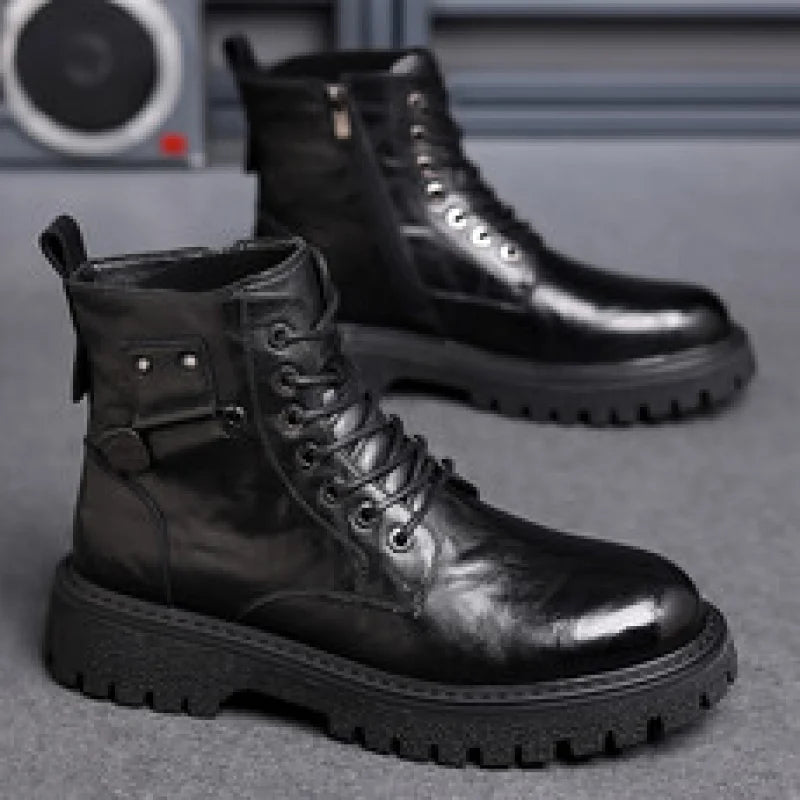 Men's High-Top Boots: British Style Thickened Sole Genuine Leather Indestructible Work Boots, Couple Big Yellow Boots for Men an