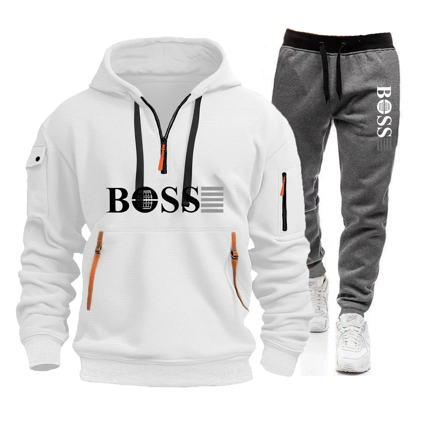 Men's Autumn and Winter New Pullovers Hoodie and Pants 2-piece Set, Outdoor Jogging Windproof Zipper Warm Men's Sportswear