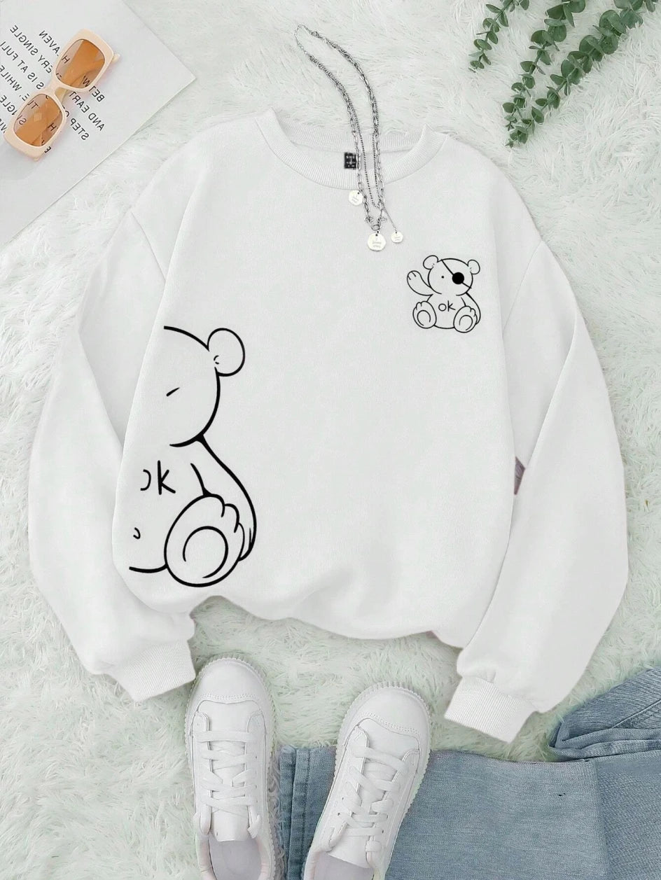 Autumn Winter Womans Sweatshirt Kawaii Ok Bear Graphic Printed Hoodies Comfortable O-Neck Fleece Soft Pullover Trend Sportswear
