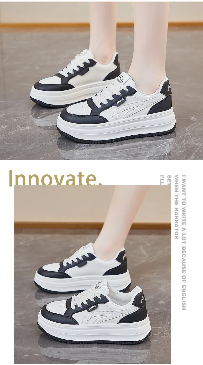 Women's White Shoes2025Autumn New Thick-Soled Platform Shoes Leather Surface All-Season Casual Sports Shoes for Women