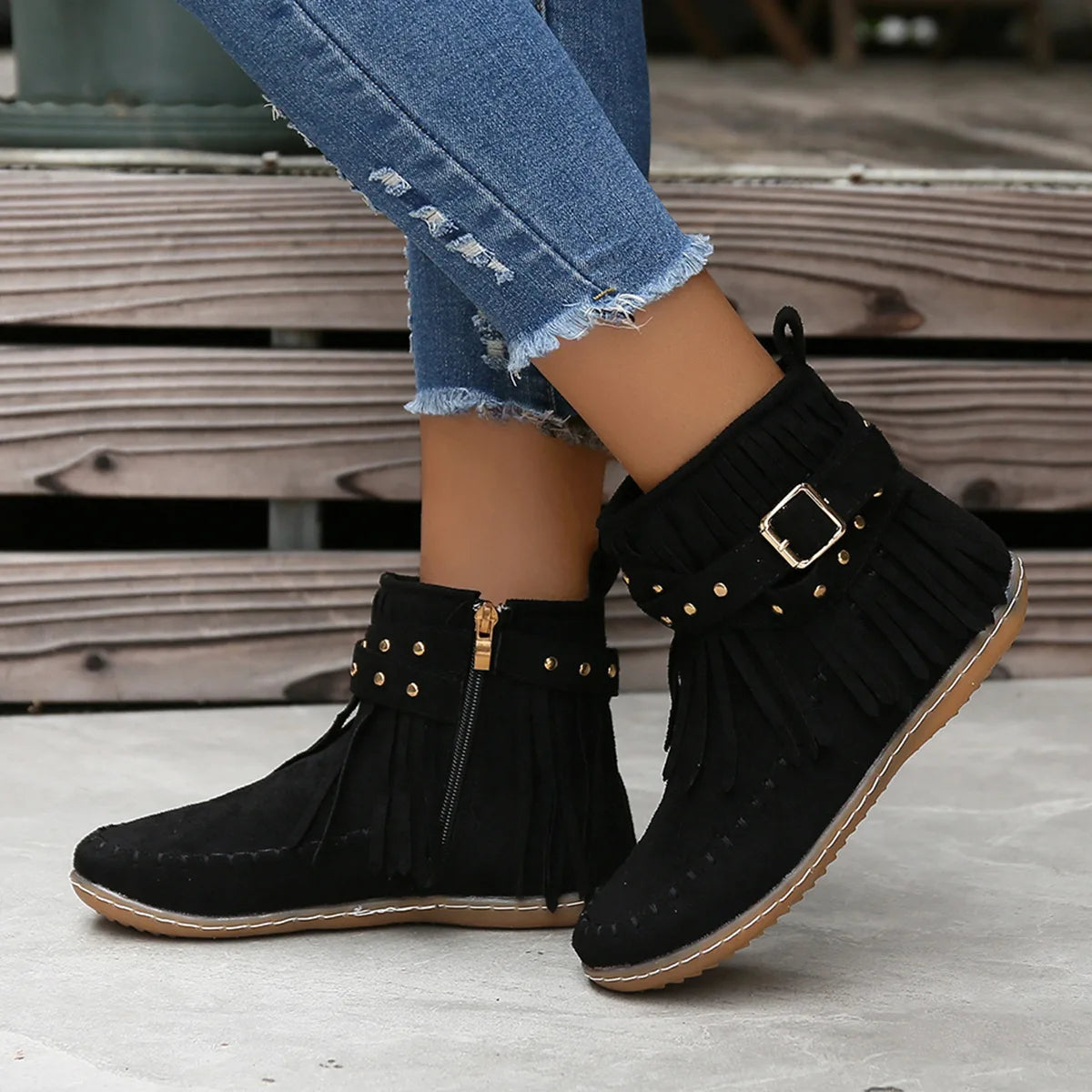 Botines Autumn Women Shoes Flat Heel Ankle Boots Retro Suede Tassel Women Boots Fashion Round Toe Soft Sole Short Boots Casual