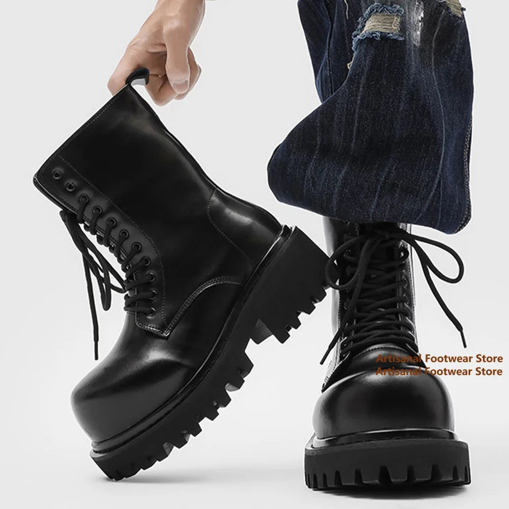Thick-Soled Motorcycle Boots Retro Big Round Toe Men's Boots Classic Height Increasing Outdoor Designer Handmade Men Boots