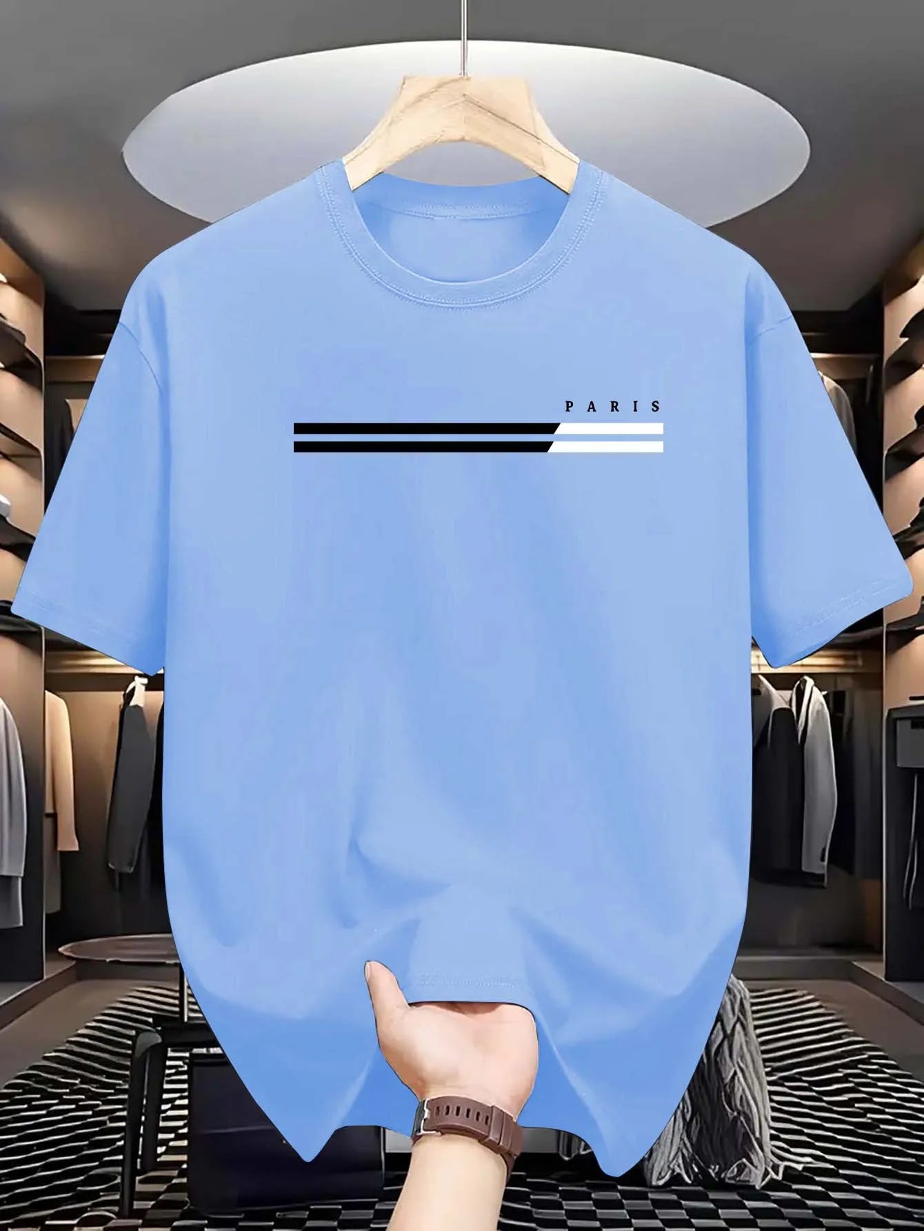 Men's summer loose size PARIS letter Graphic printed slim fit casual sports round neck short sleeved T-shirt top