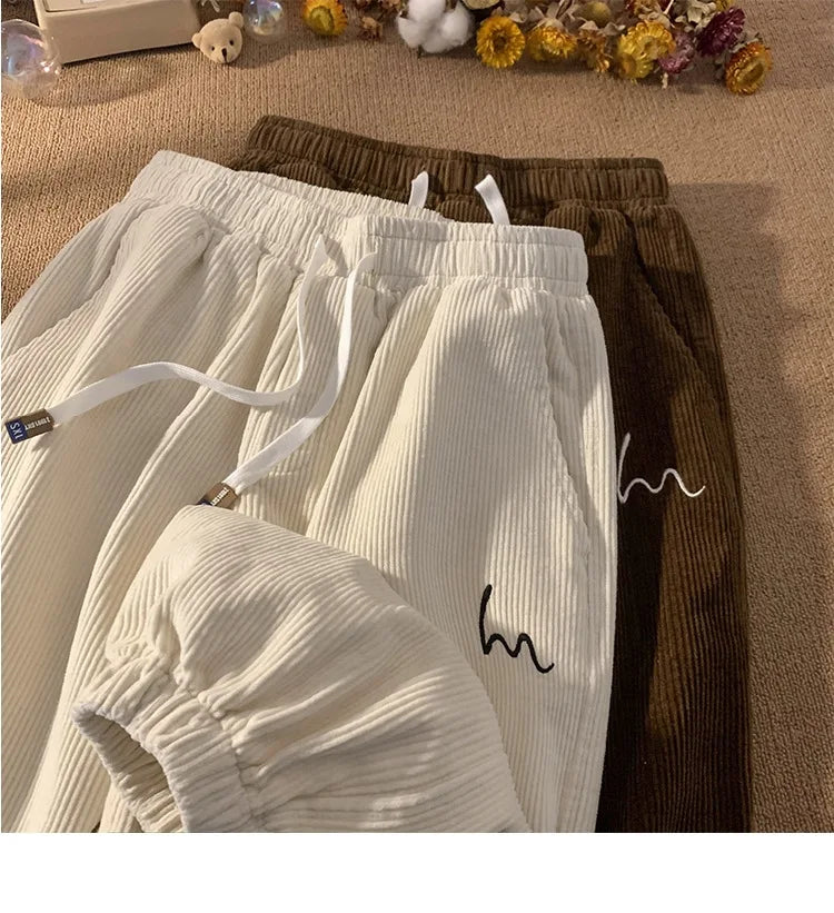 Corduroy Pants for Couples Autumn Winter Loose Fit High Waist Casual Loose Trousers Sports Pants Men Women Trendy Embroidery