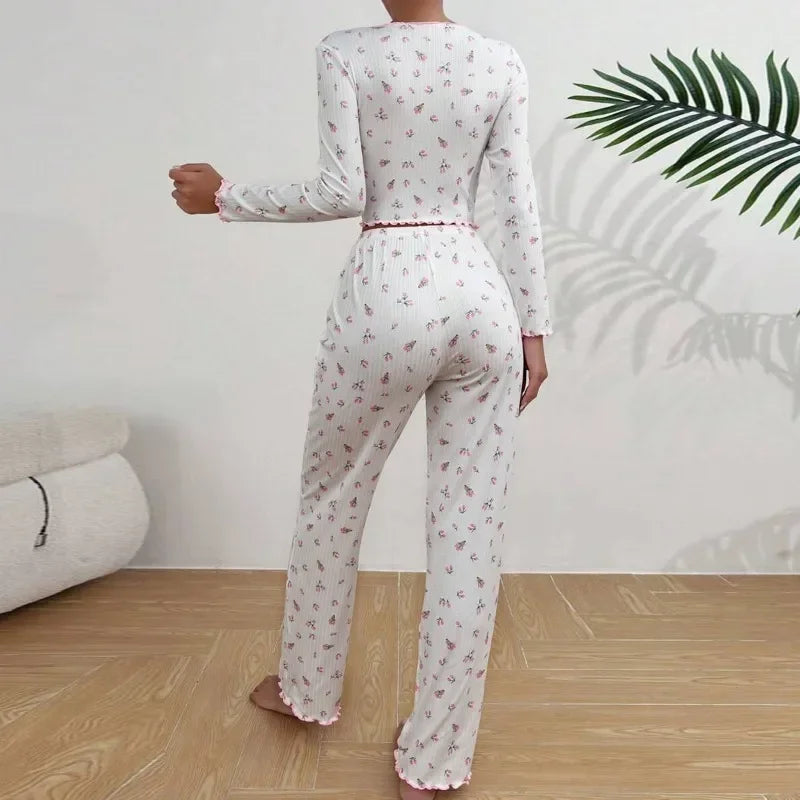 Women Sleepwear Autumn Winter Floral Print Pajamas Set Long Sleeve Top and Long Pants 2 Piece Casual Homewear Loungewear