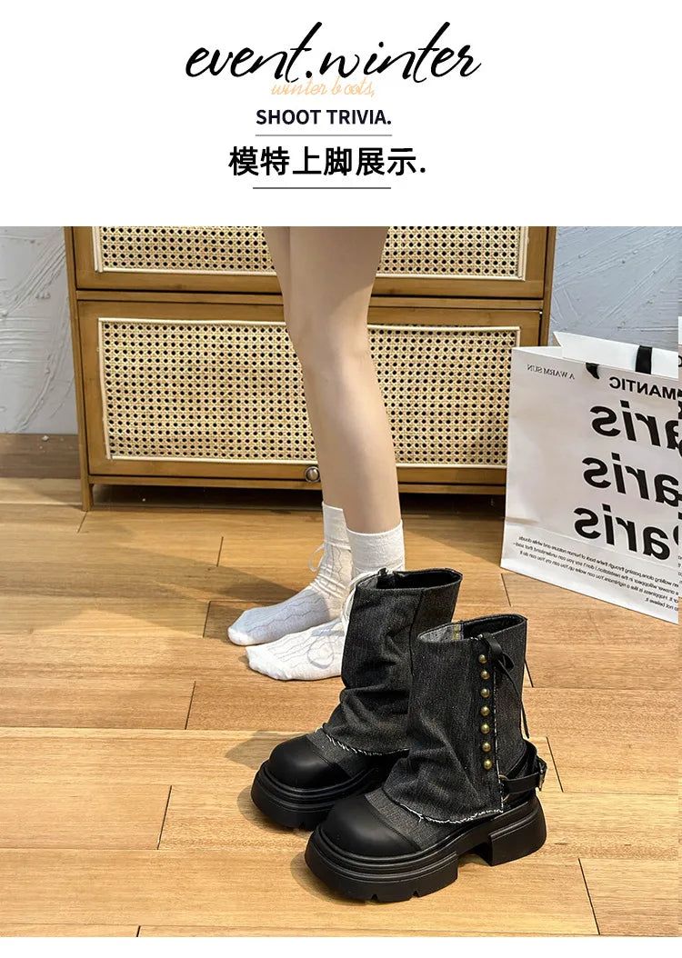Women Boots British Fashion Pants Leg Boots  New Thick Soled Rivet Zipper Belt Buckle Platform Anti Slip Cowboy Short Boots