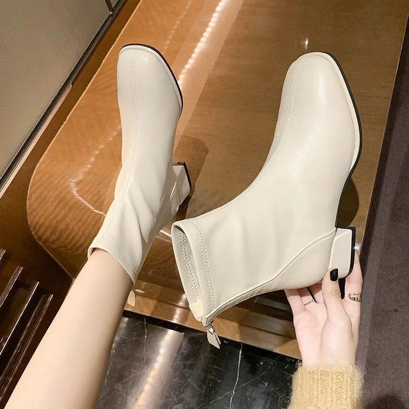 2025 New Elastic Socks Boots Women's Ankle Boots High Heels Thick Heels Square Toe Short Boots Retro Women's Shoes Botas Mujer