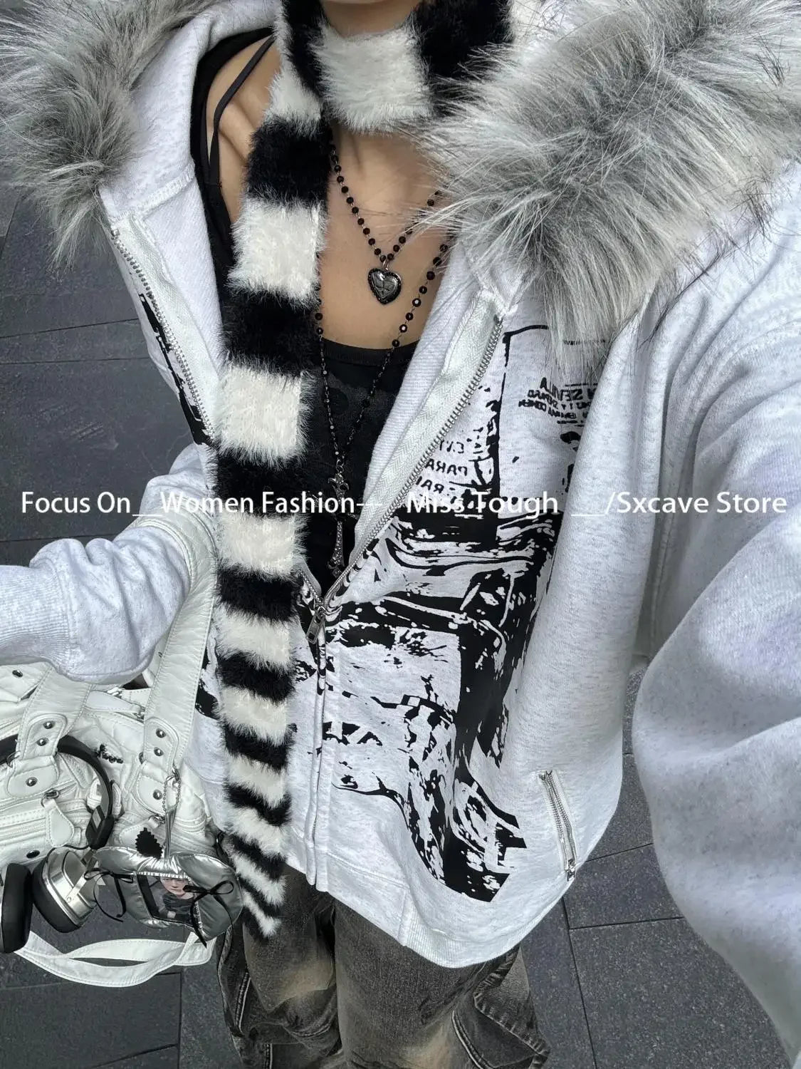 Subculture Vintage Faux Fur Hooded Women Casual Y2k Clothing Korean Fashion Sweatshirts Harajuku Gothic Printed Coats Jackets
