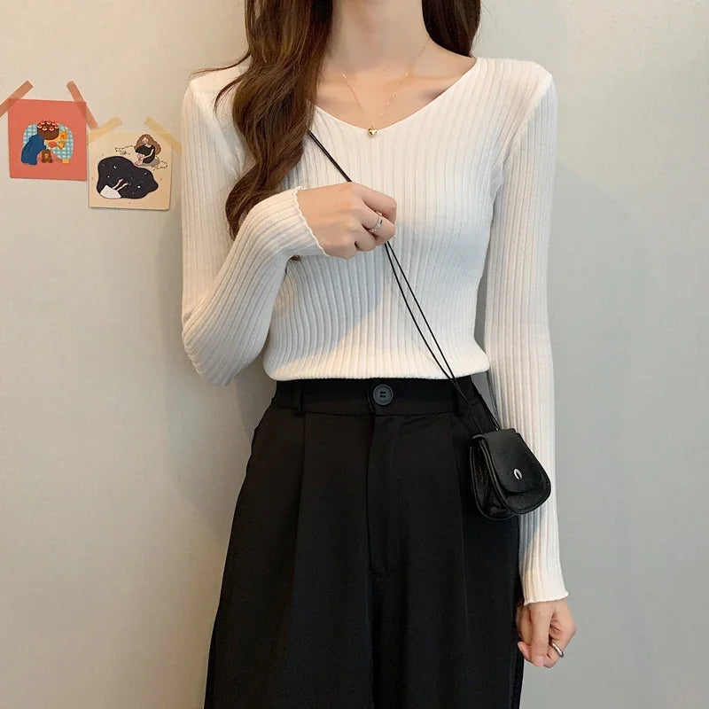 2026 Fashion Casual Long Sleeve Knitted Sweaters Korean Autumn Winter V Neck Sweater Solid Color Slim Pullovers Women Clothes