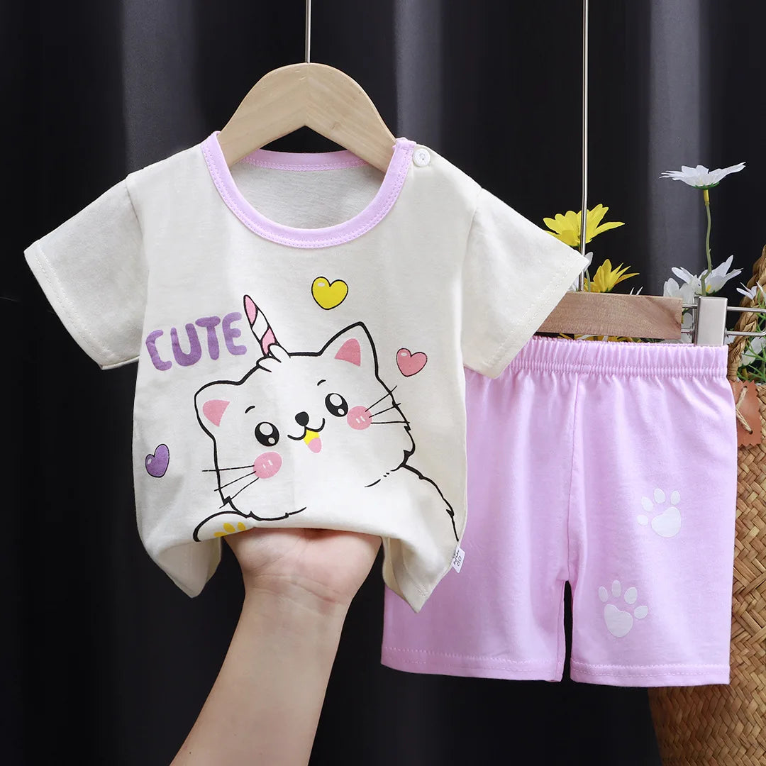 New Boys Summer Clothing Set Full Bear Print Cotton Short Sleeve T-shirts and Shorts 2PCS Breathable Outfit For Girls