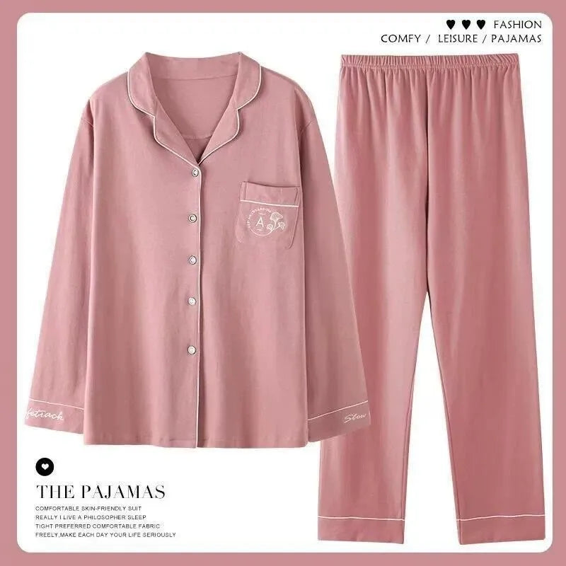 Ladies 100% Pure Cotton Long Sleeve Spring Autumn Lightweight Full Cotton Set Cardigan Sleepwear for Middle-Aged Mothers