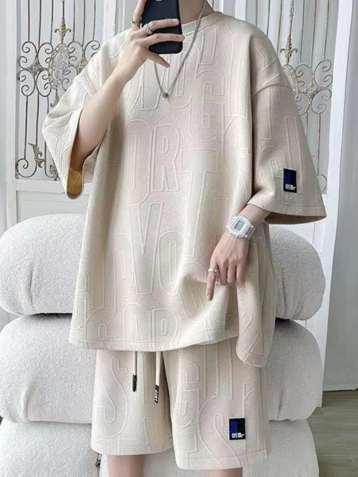 Summer Casual Sports Set Men's Thin Loose Versatile ort Sve T-irt with Five-Quarter Pants Polyester Fiber Teenage Size