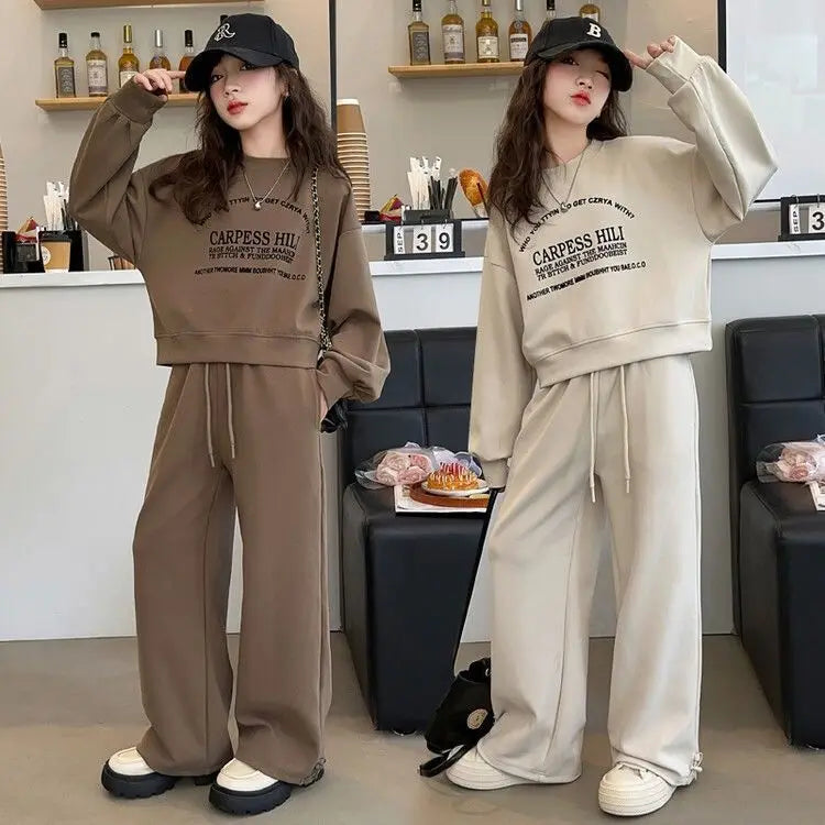 2025 autumn winter kids Girls Clothes Suit Child letters sweatshirt crop top + wide leg pant Tracksuit 4 5 6 7 8 9 10 11 12 year