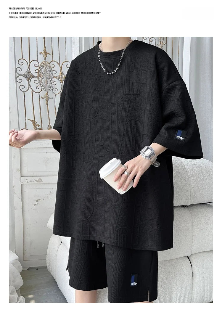 Summer ort Sve T-irt Set Men's Casual Spor Lightweight Five-Quarter Pants Matching Whole Set Youth Faion