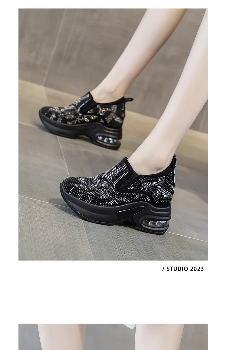 2023Women's Shoes  Autumn New Casual Small White Shoes Rhinestone Platform Sports Air Cushion Shoes Plus Size Zapatos De Mujer