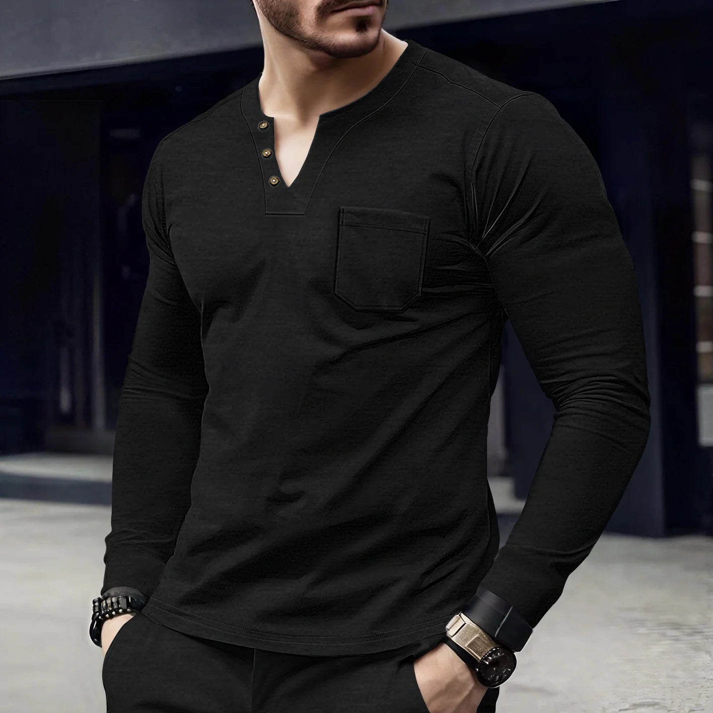 New Spring/Summer Men's Casual V-neck Long sleeved Top with Button Pocket T-shirt Outdoor Versatile Trendy Fashion Men's Top