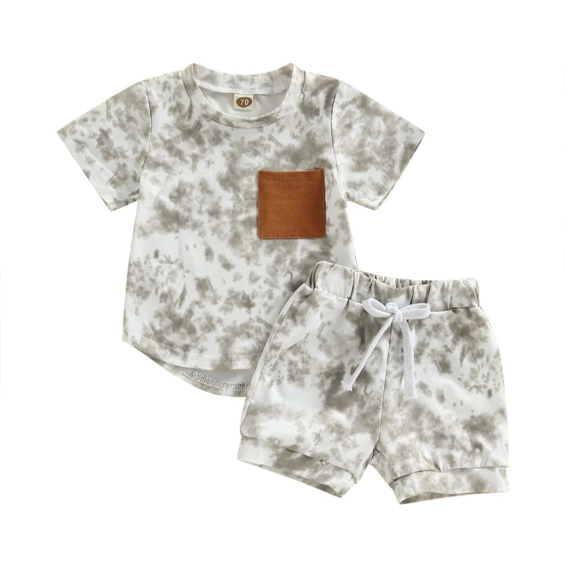 Summer Fashion Baby Boys Suit Tie-dye Print Short Sleeve Crew Neck T-shirt + Elastic Waist Shorts 2Pcs Infant Toddler Sets
