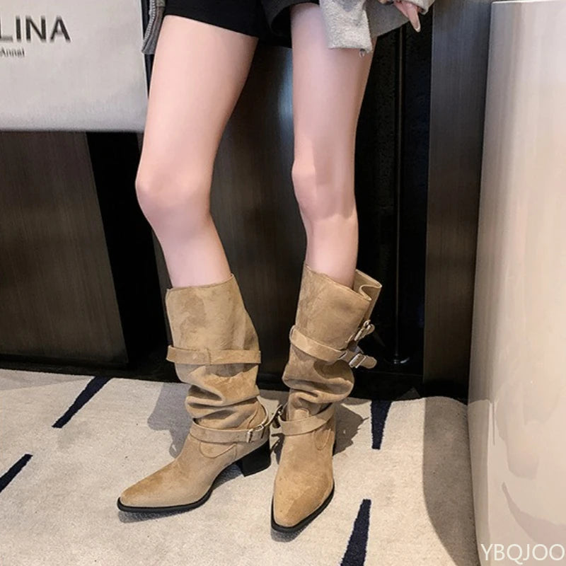 Spring and Autumn Fashion New Pointed Cowboy Coarse Heel Stacked Boots New Style No Knee Large Barrel Giroud Women's Boots