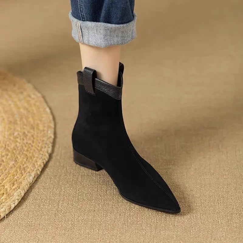 Scrub Ankle Boots Sheepskin Suede Pointed Toe Block Heel Chelsea Booties Fall Winter Suede Western Boots for Women