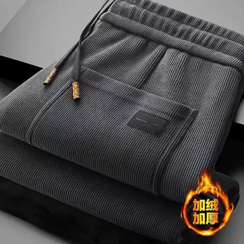 Men's Loose Straight Leg Fleece Lined Thickened Warm Casual Pants Autumn Winter Dad Pants Comfortable Polyester Fiber