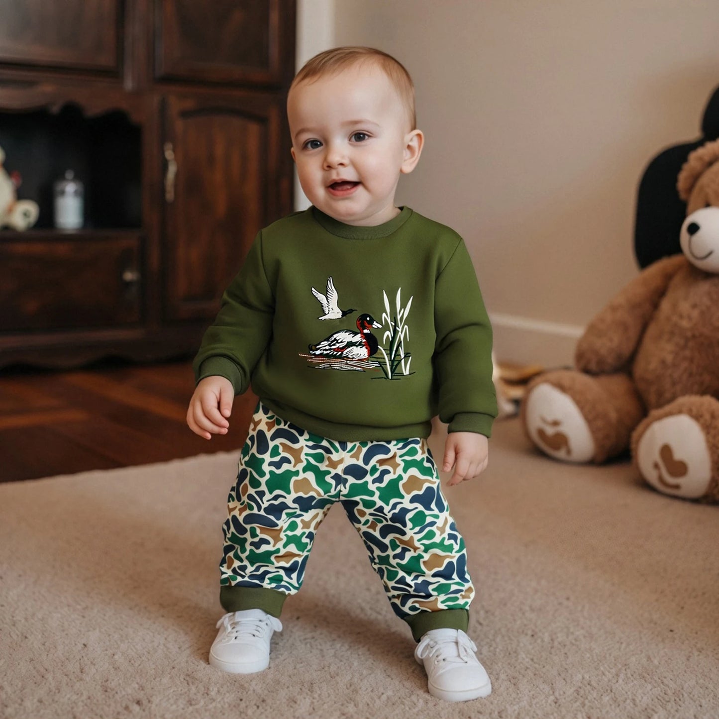 FOCUSNORM 0-4Y Casual Kids Boys Fall Clothes Sets Duck Embroidery Long Sleeve Round Neck Pullover + Camouflage Pants