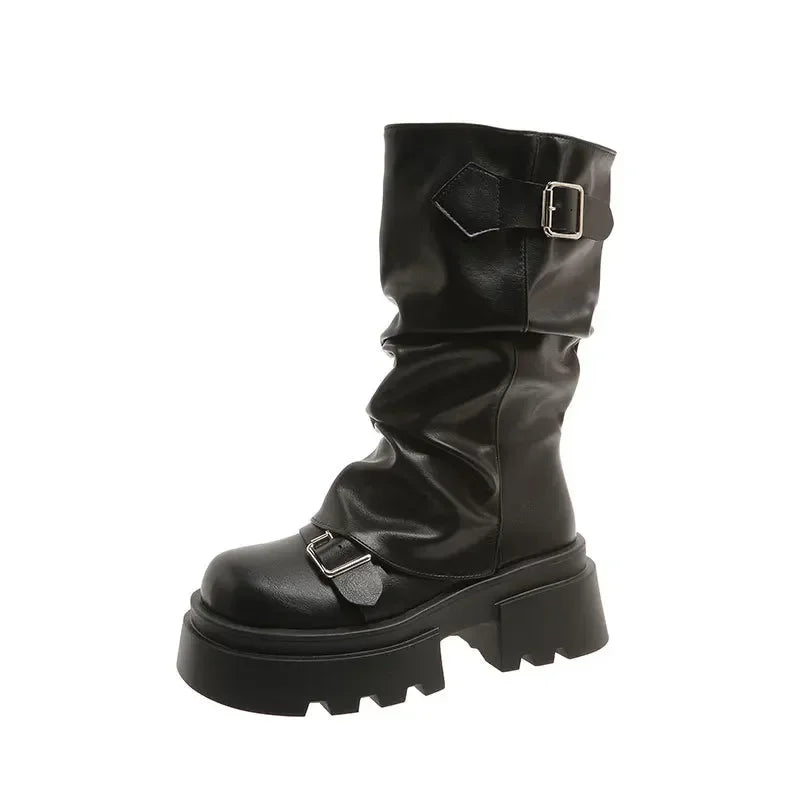 Women's Boots Brown Maillard Retro New Spring Autumn Height Increasing Comfortable Anti Slip Fashion Belt Buckle Boots 2025