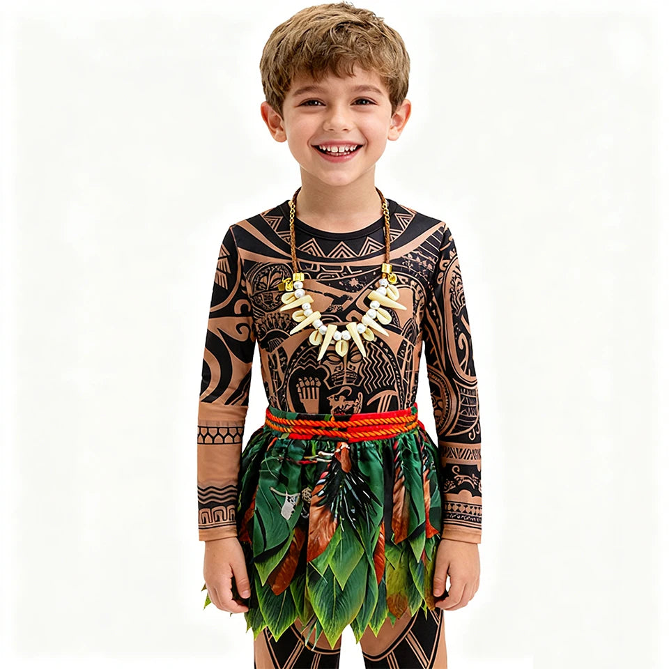 Summer Fancy Girl Princess Moana Dress Halloween Cosplay Carnival Party Primitive Tribes Maui Boys Costume Cartoon Kids Clothes