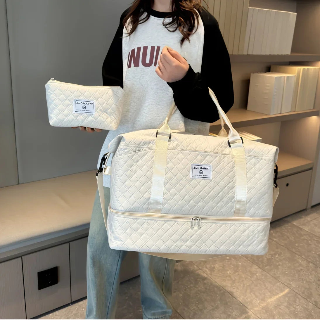 2pcs Set Large Capacity Travel Duffel Bag with Shoe Compartment and Cosmetic Pouch, Casual Nylon Gym Bag, Weekend Overnight Bag