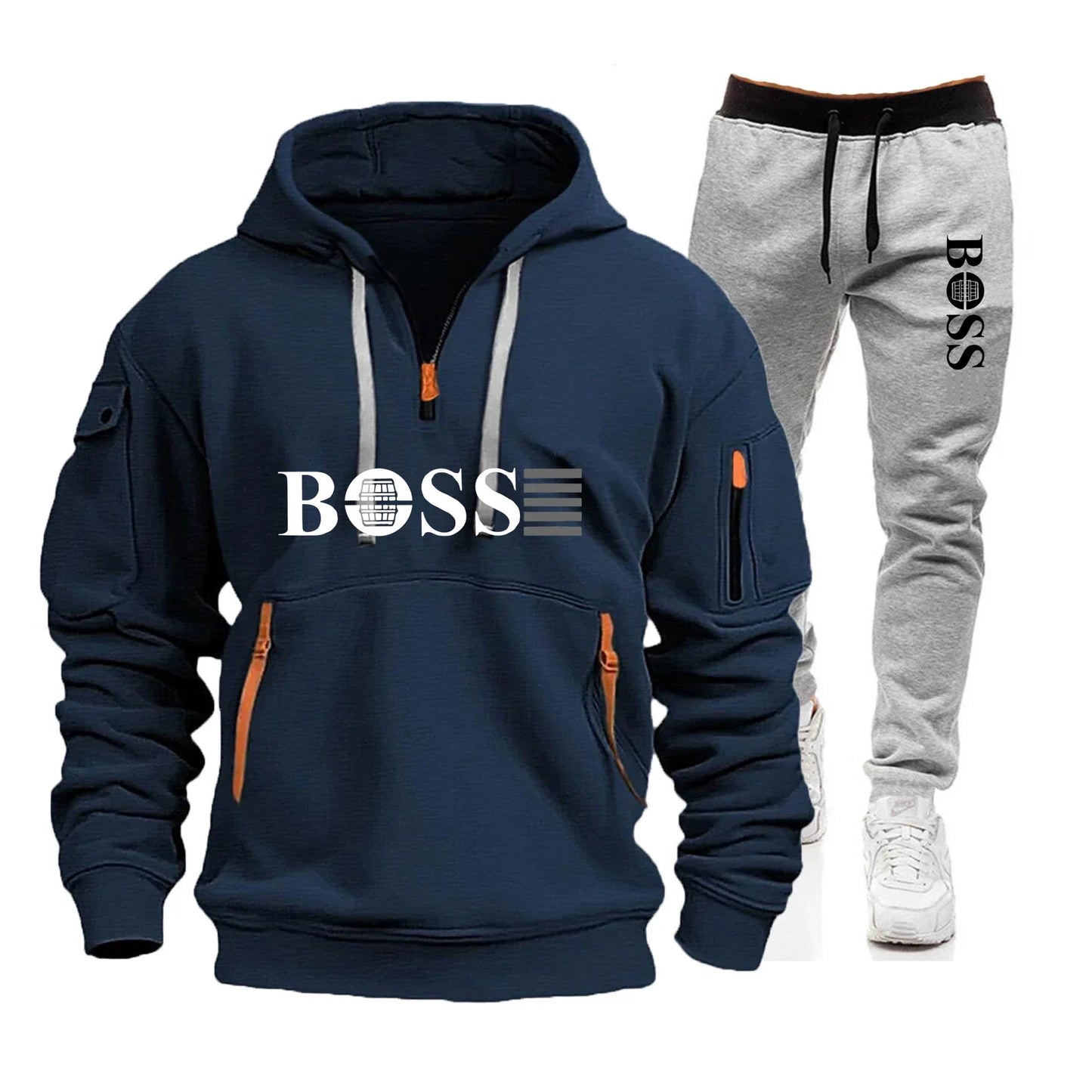 Men's Autumn and Winter New Pullovers Hoodie and Pants 2-piece Set, Outdoor Jogging Windproof Zipper Warm Men's Sportswear
