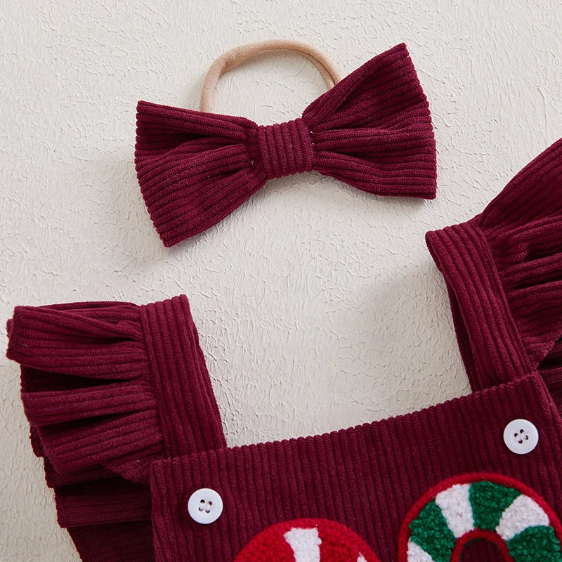 Baby Girl Christmas Overall Romper Casual Candy Cane Embroidery Corduroy Jumpsuit and Headband Set Fashion Clothes Outfits