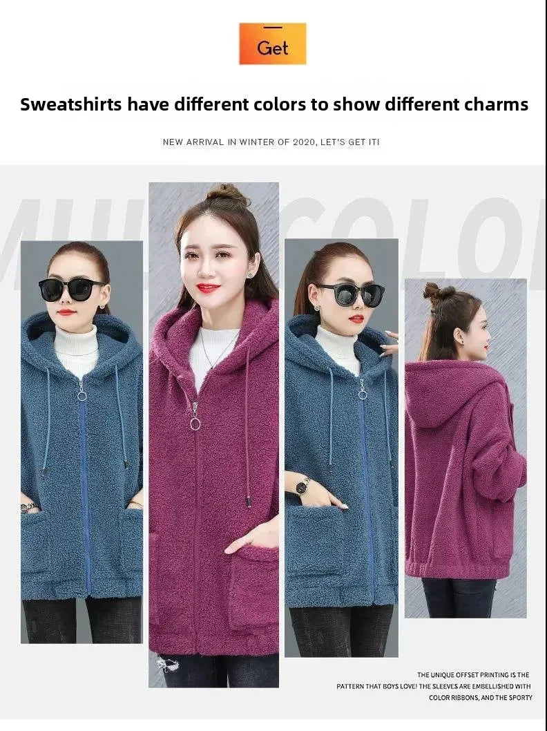 Lamb Velvet Hoodie Women's Thickened Fleece Teddy Velvet Loose Autumn Winter Korean Style Zipper Cardigan 082