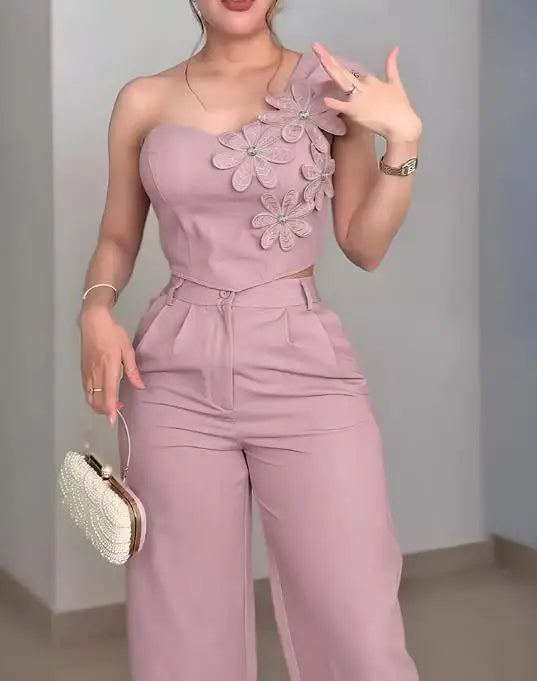 Summer Sloping Collar Decal Decoration Short Sleeveless Top and High Waist Wide Leg Pants Set for Women's Elegant 2-Piece Set